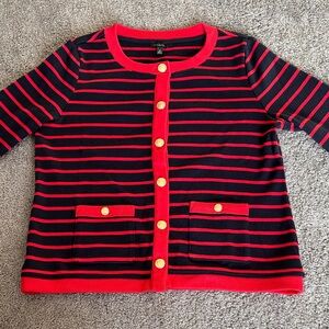 Talbots women’s button down cardigan with Red and Navy blue stripe